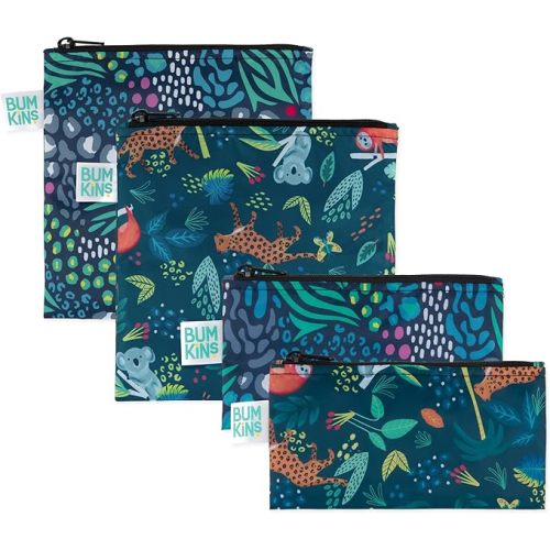 Bumkins Reusable Sandwich and Snack Bags, for Kids School Lunch and for Adults Portion, Washable Fabric, Waterproof Cloth Zip Bag, Travel Pouch, Food-Safe Storage, Large and Small 4-pack Set, Jungle