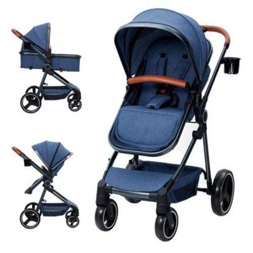 Convertible Baby Stroller - Blue Reversible Seat Pram for Newborn/Toddler (One-Hand Fold, Adjustable Canopy & Storage Basket)