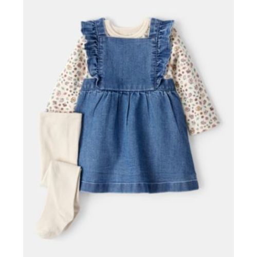Baby Girls Floral-Print Top, Denim Jumper & Footed Tights, 3 Piece Set