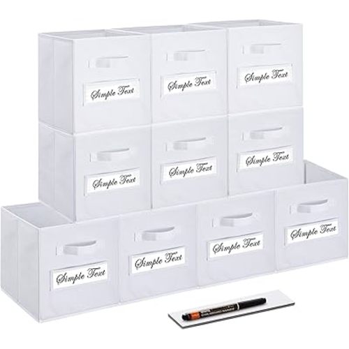 artsdi Fabric storage cubes (Set of 10) 11 Inch Cube Storage Bin, cube storage with 8 Labels Window Cards & a Pen, Foldable cube organizer bins, 11x11 storage bin, Cubby Organizer bins, White