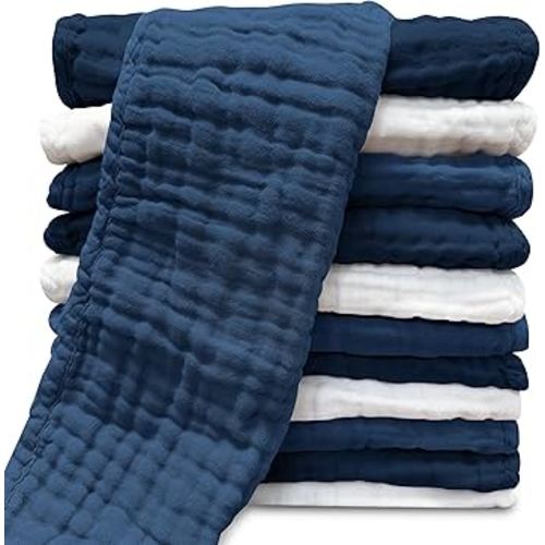 Muslin Burp Cloths for Baby 100% Cotton Burping Cloths for Unisex, Boy, Girl - Large 20'' by 10'' Newborn Essentials Ultra Soft Absorbent Milk Spit Up Rags - 12 Pack - White+Deep Navy Series