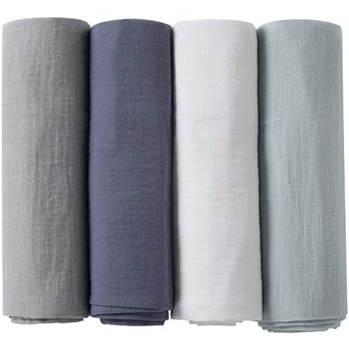 POMISO Muslin Swaddle Blankets, Baby Swaddle Blanket, Large 47 x 47 inches Muslin Baby Blanket wrap for Baby Boys and Girls, 4 Pack, Solid Color, Grey Blue White Green