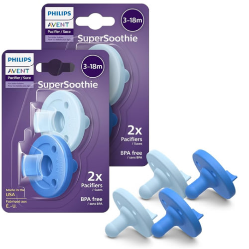 Philips Avent Soothie Orthodontic Baby Pacifiers, 100% Silicone Pacifiers, One Piece, BPA-Free, for Babies 3-18 Months, 2 Sky Blue and 2 Light Blue, 4 Pack, Model SCF192/71