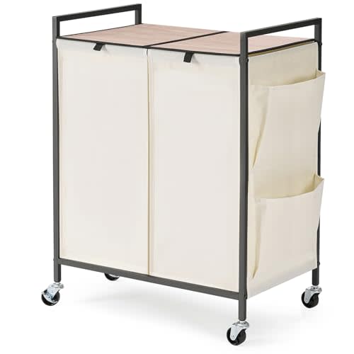 Laundry Hamper with Wheels and Handle, 120L Laundry Basket with Lid and Side Pocket, Laundry Sorter with 2 Removable Liner Bags, Metal Handles, Brake Wheels
