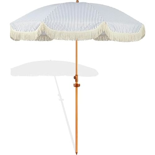 6.5ft Patio Umbrella with Fringe, Beach Umbrella, Fringe Umbrella Outdoor Patio with Hanging Hook, Tilting Aluminum Pole, UV 50+, Fiberglass Ribs, Blue White Stripe