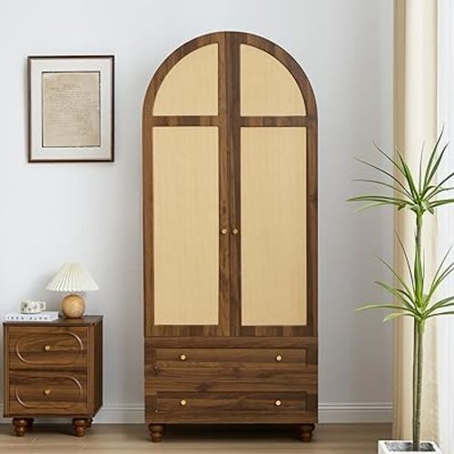 Arched Armoire Wardrobe Closet with 2 Rattan Doors, Wooden Wardrobe Closet with 2 Drawers, 74.8 "H Bedroom Armoires with Hanging Rod (Walnut1)