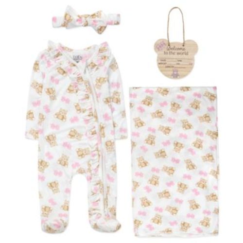 Baby Girls' Bear Print Coverall, Headband, Blanket, Wood Sign, 4-Piece Set