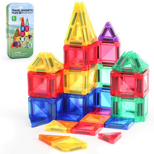 FunMagic Mini Magnetic Tiles, 32PCS Travel Magnetic Blocks with Case, STEM Educational Building Set Construction Toys for Kids Ages 3+, Portable Building Toys for Boys & Girls