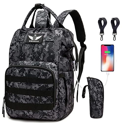 QWREOIA Diaper Bag Backpack with USB Charging Port Stroller Straps and Insulated Pocket,army military Travel Nappy Backpack for Dad/Mom (Black Camo)