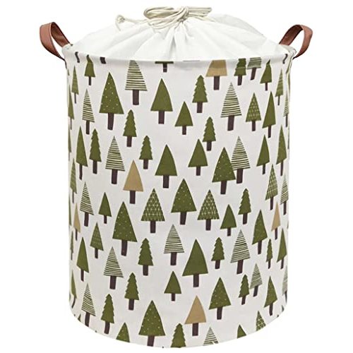 Sanjiaofen Nursery Laundry Basket Canvas Fabric Baby Boy Storage Bins,Collapsible Woodland Hamper,Waterproof Storage Baskets with Leather Handle,Forest Nursery Decor,Toy Organizer (Tree)