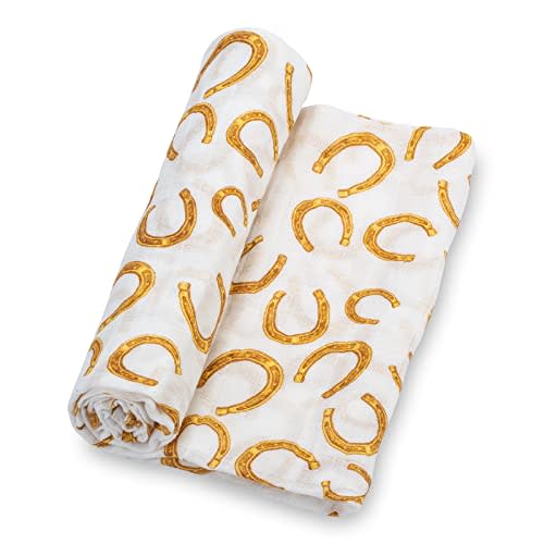 LollyBanks Baby Blankets, 100% Muslin Cotton Swaddle Blanket for Boys, Large 47 x 47 Inches Newborn Swaddle, Soft and Breathable Baby Receiving Blankets, Baby Essentials, Registry (Horseshoe Print)