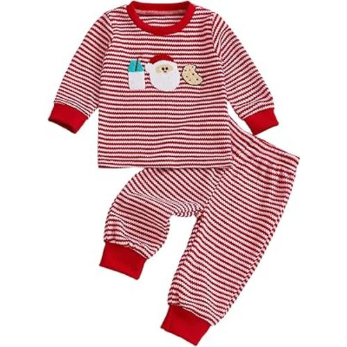 fhutpw Baby Toddler Boy Girl Fall Winter Clothes Embroidery Stripe Pullover Pants Sets Infant Long Sleeve Sweatshirt Outfits