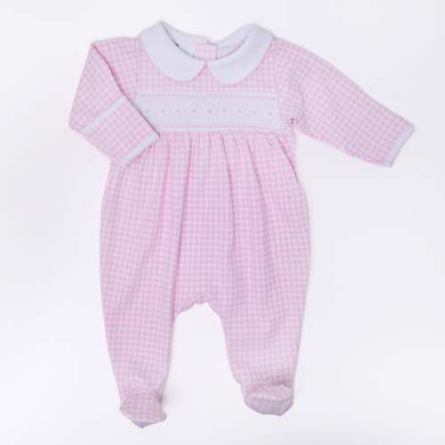 Mini Checks Smocked Collared Footie - Pink