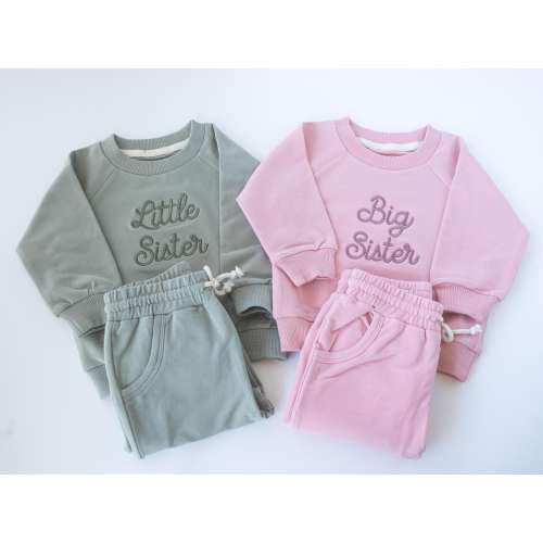 Embroidered Big Little Sister Sweatshirt Jogger Set: Toddler Track Suit, Pregnancy Announcement Gift