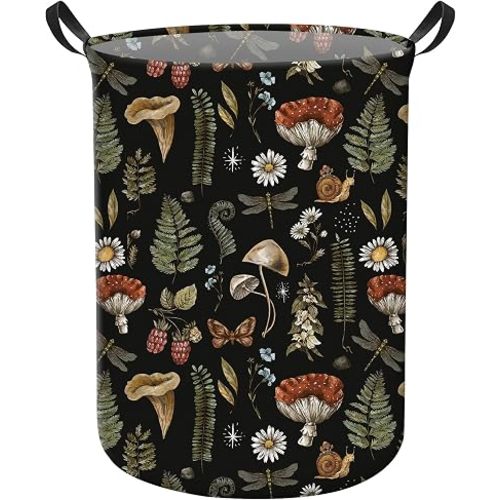 Cute Laundry Basket, Large Round Collapsible Canvas Hamper with Sturdy Handles, Foldable Storage Bin for Clothes, Blankets and Bedroom Cute Bohoh Mushroom