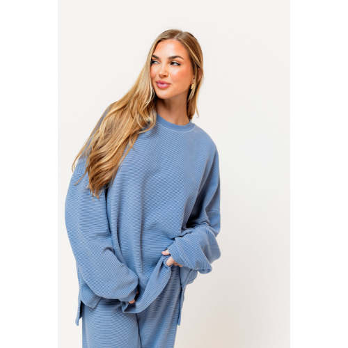 Naomi Striped Oversized Fleece Long Sleeve Top in Sky Blue - Bump Friendly *2/19 PRE-ORDER*