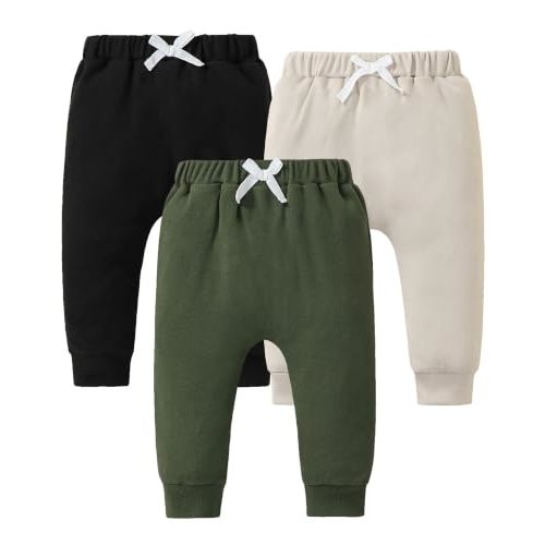 Jecson Baby Boy Pants 3-Pack Soft Toddler Joggers with Elastic Waist 3M-3T | 3-Pack baby boy pants made with soft, stretchy DeRong fabric, breathable elastic waist, solid and printed joggers for play