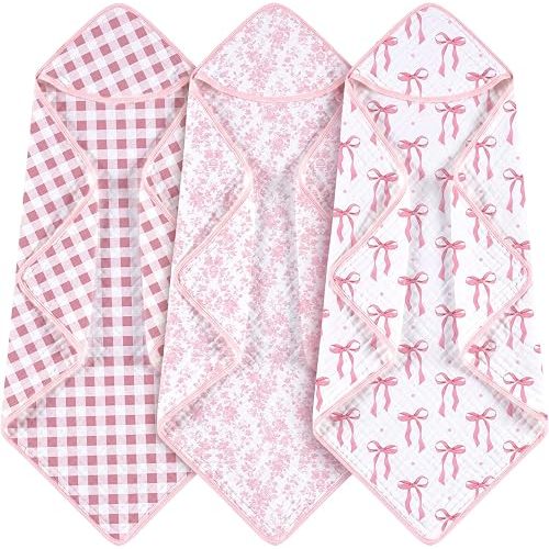 Hahafelt 3 Pcs Baby Towels with Hood 100% Muslin Cotton, Pink Bow Flower