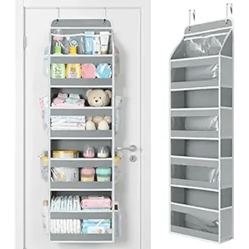Yecaye 5 Tier 1Pc Over the Door Organizer, Stuffed Animal Storage with Clear PVC Windows, Door Organizer Hanging for Bedroom Nursery Closet Dorm Room Laundry Pantry Bathroom, Grey