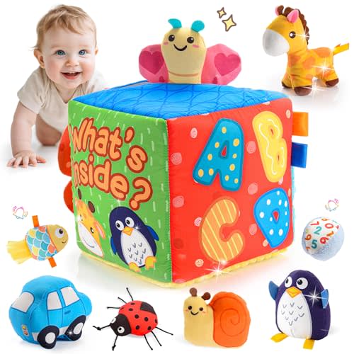 ZapWhiz Baby Toys 6-12 Months, Mystery Montessori Sensory Soft Box Toy with 8 Stuffed Animals for 6 7 8 9 10 12 Month Old Babies Girl Boy Gifts Learning Busy Boxes Birthday for Infant & Toddler