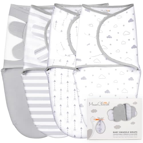Mama Cheetah Baby Swaddle Sack, Organic Cotton Swaddle Blanket, Adjustable Swaddle Sleep Sacks, Easy Swaddles for Boy Girl 0-3 Month, Baby Essentials, 4-Pack, 4-pack Grey