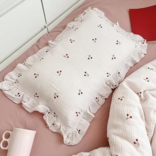 BuLuTu Cotton Muslin Kids Toddler Pillowcase Cherry Pattern, Soft Travel Pillow Ruffle Edge Nursery Pillow Case for Boys Girls, Bedding Decor, Durable Pillowcases 14"x20", 1 Piece