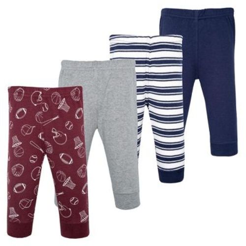 Hudson Baby Basics Infant Boy Comfy Cotton Pants 4-Pack, Team Stripe Play, 6-9 Months