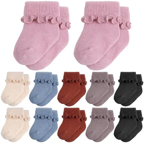 Toulite 12 Pairs Preemie Newborn Baby Ankle Socks Ruffle Turn Cuff Cotton Non-slip Warm Socks for Girls and Boys Infant