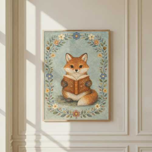 Cottagecore Reading Fox Poster | Woodland Nursery Wall Art | Cute Animal Print | Storybook Illustration