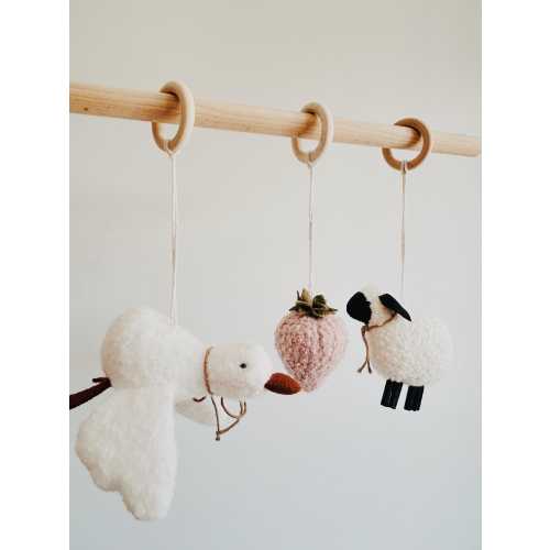 Rustic Baby Gym Toys: Goose, Sheep & Strawberry - Nordic Nursery Decor