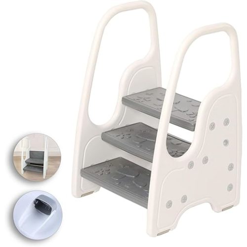 Toddler Step Stool for Bathroom Sink,Adjustable 3 Step Stool for Kids,Kitchen Standing Tower,Children Learning Helper Stool with Safety Handles and Non-Slip Pads,Grey