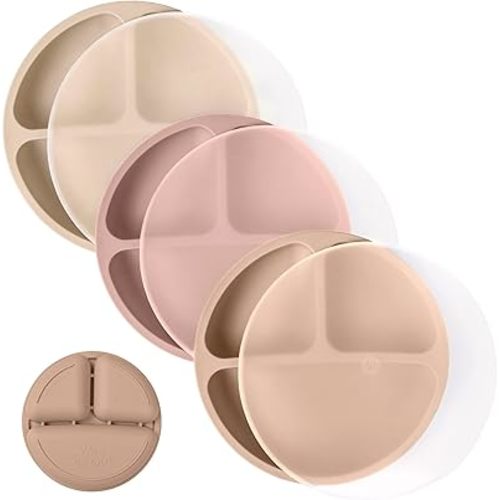 WeeSprout Silicone Plates with Lids for Babies & Toddlers (3 Pack) 100% Food-Grade Dishes for Self Feeding, Divided Design & Raised Edges for Picky Eaters, Dishwasher & Microwave Safe Weaning Supplies