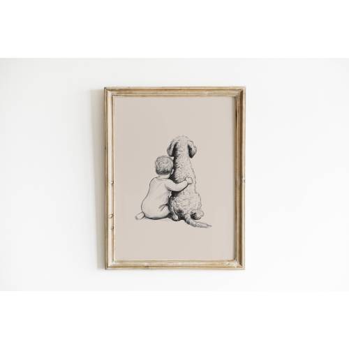 Baby Boy and Goldendoodle Art Print | Vintage Nursery Decor
