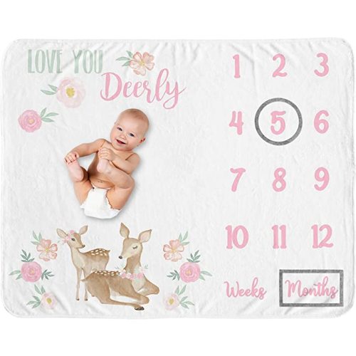 Sweet Jojo Designs Woodland Deer Girl Milestone Blanket Monthly Newborn First Year Growth Mat Baby Shower Memory Keepsake Gift Picture - Blush Pink Mint Green Boho Watercolor Forest Love You Deerly