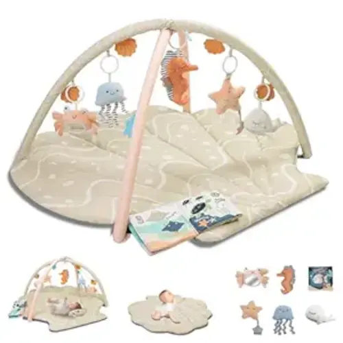 Baby Play Mat, Oversize Shell Tummy Time Mat with 6 Detachable Baby Activity Toys, Baby Gyms & Playmats for Babies 0-6 Months, Baby Essentials Mat for Floor Newborn Baby Shower Gifts (Beige)