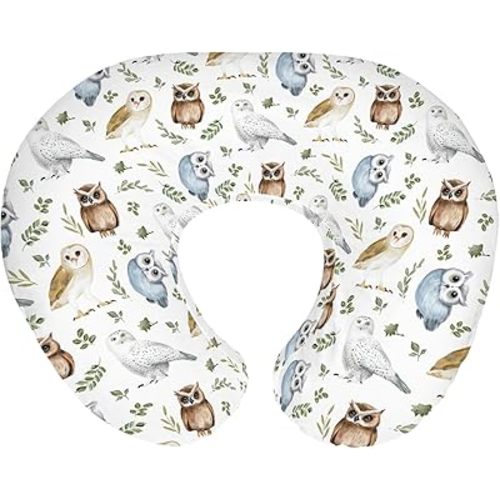 Watercolor Owls Boho Leaves Baby Nursing Pillow Covers for Boy Girl Owl Breeds Green Leaves Nursery Pillowcase for Breastfeeding Pillows Vintage Birds Soft Stretchy Slipcovers for Newborn Infant