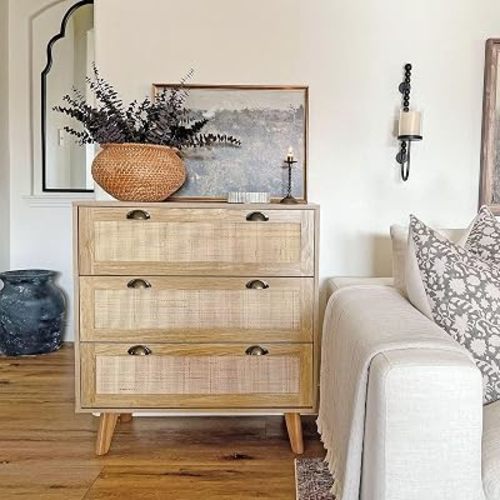 PHI VILLA Rattan Storage Cabinet, Boho Small Accent Cabinet for Living Room, 3 Drawer