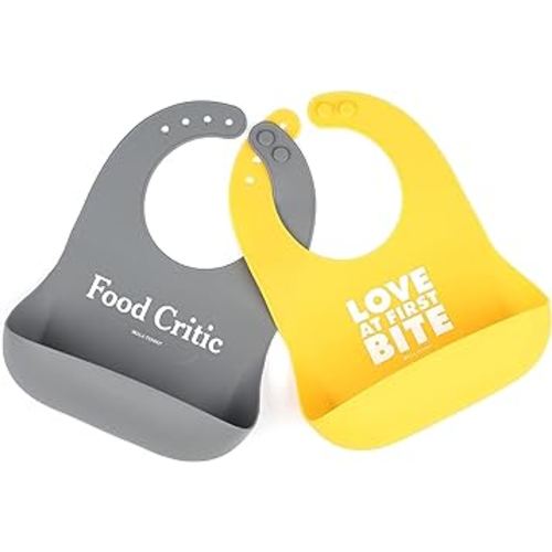 Bella Tunno Wonder Bib 2pk - Adjustable Silicone Baby Bibs for Girls & Boys, Durable and Waterproof BPA Free Silicone, Love at First Bite & Food Critic