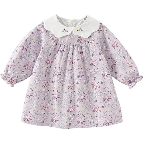 DAVE & BELLA Baby Girl Dress Long Sleeve Floral Toddler Girls Smocked Sundress Cotton Playwear Vintage Princess Dress