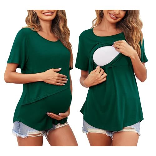 Ekouaer Women Short Sleeve Nursing Shirts Soft Maternity Tops Double Layer Breastfeeding Blouse Round Neck Pregnancy Clothes