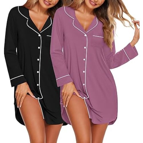 Ekouaer 2 Pack Nightgowns for Women Long Sleeve Night Shirt Button Down Sleep Shirt V-Neck Sleep Dress Pajama Sleepwear