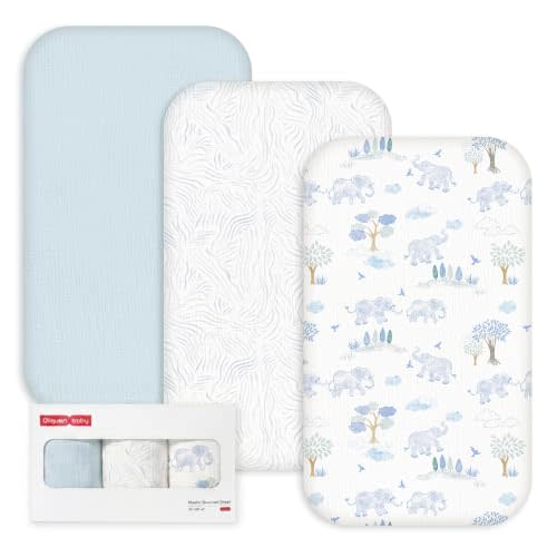 Gllquen Baby 3-Pack Muslin Cotton Bassinet Sheets, 33"x20" Bedside Sleeper | Compatible with Baby Delight, Newton, Dream on Me Rectangle Bassinet Mattress,Oeko-TEX Fitted Crib Sheets Blue Elephant Boy