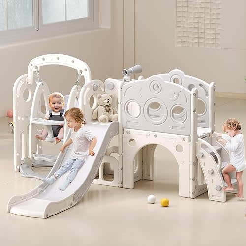Toddler Slide, Swing and Slide for Toddlers Kids with Basketball Hoop Telescope Indoor Outdoor Slide Playset Playground