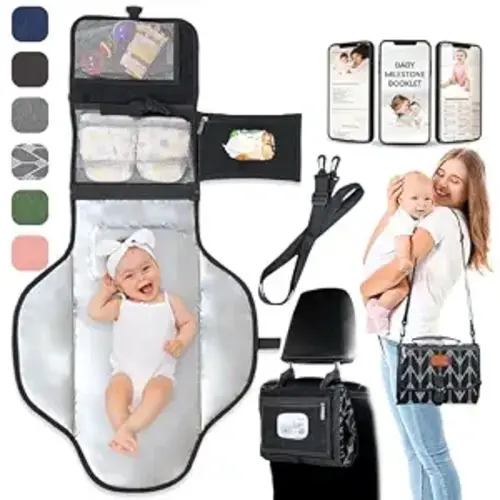 Portable Changing Pad - Travel Diaper Changing Mat, Waterproof, Foldable & Detachable Station with Baby Wipes Pockets
