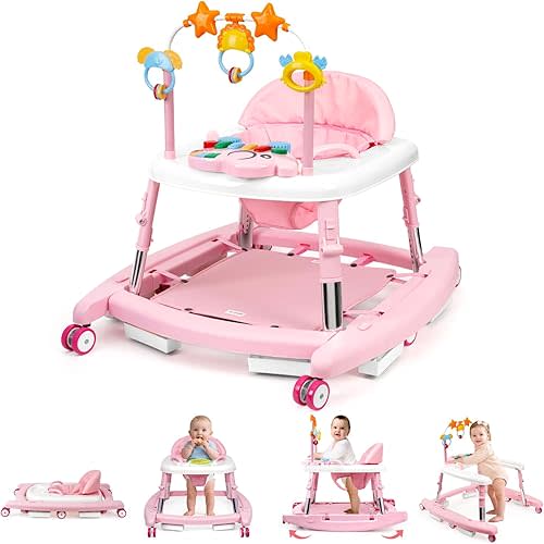 5-in-1 Music and Lights Baby Walker Foldable with 5 Adjustable Heights, Baby Walker with Wheels and Bouncer Combo Portable, Infant Toddler Walker for Baby Boy Girls 6-18 Months