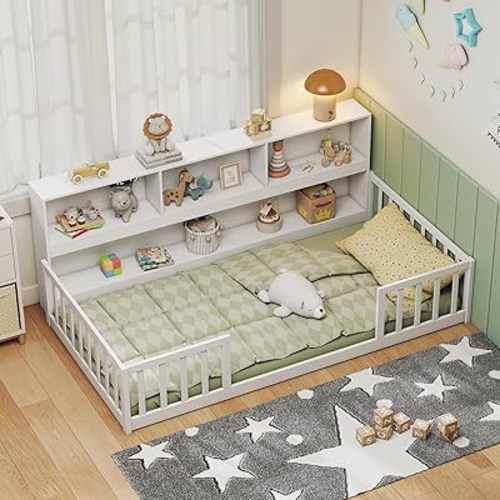 Giantex Twin Floor Bed for Kids, Wooden Montessori Bed Frame with Bookcase, Storage Shelves & Safety Fence Rails, Floor Beds Twin for Girls, Boys, No Box Spring Needed, Without Slats, White