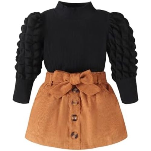 Noubeau Toddler Baby Girls Plaid Outfits Knit Ribbed Sweatshirt Shirt Tops Red Plaid Belt Skirt Fall Winter Clothes