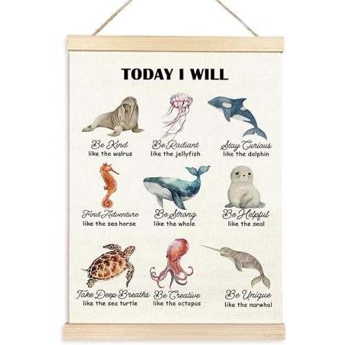 TAEDIN Ocean Animals Affirmation Poster Hanger Frame, Inspirational Quotes Wood Wooden Canvas Artwork Print Hanging Sign for Girls Boys Nursery Bedroom Playroom Toddler Kids Room Decor 12X16