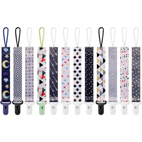 12 Pack Pacifier Clips with Short Strap(25.5cm) - Premium Polyester Baby Pacifier Holder Set, Multi-Design Clips for Boys Girls (Multicolor E 25.5cm)