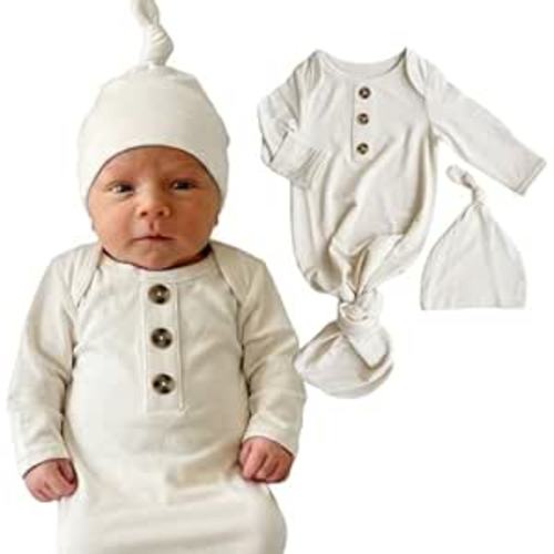 Caden Lane Newborn Knotted Gown with Hat, Soft Bamboo Viscose Baby Sack, Unisex Infant Breathable Night gown